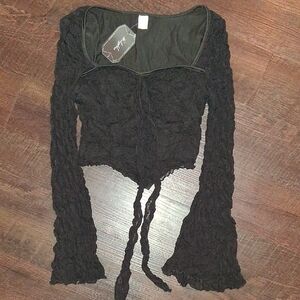 Elegant Black Crinkle Cropped Long Bell Sleeve Blouse